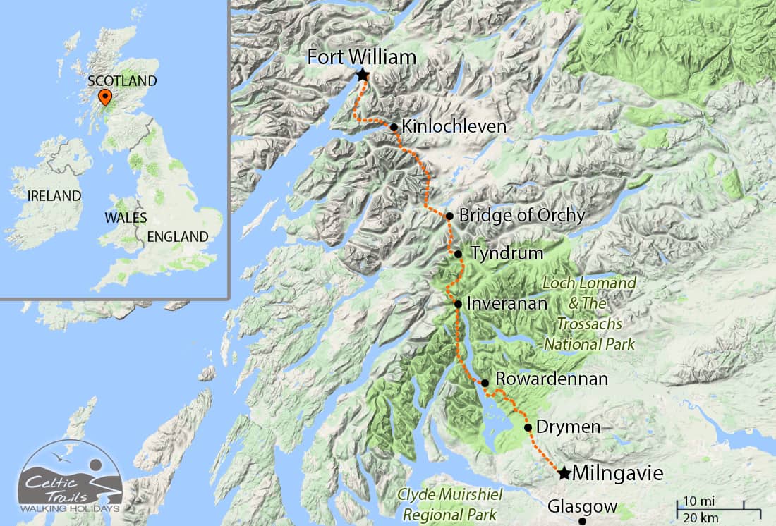 Walking holiday map of the the West Highland Way