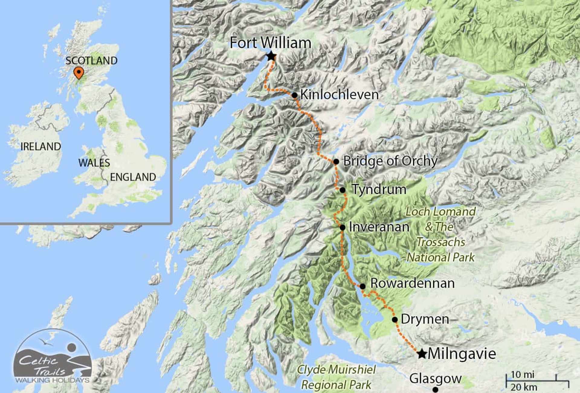 Walking holiday map of the the West Highland Way