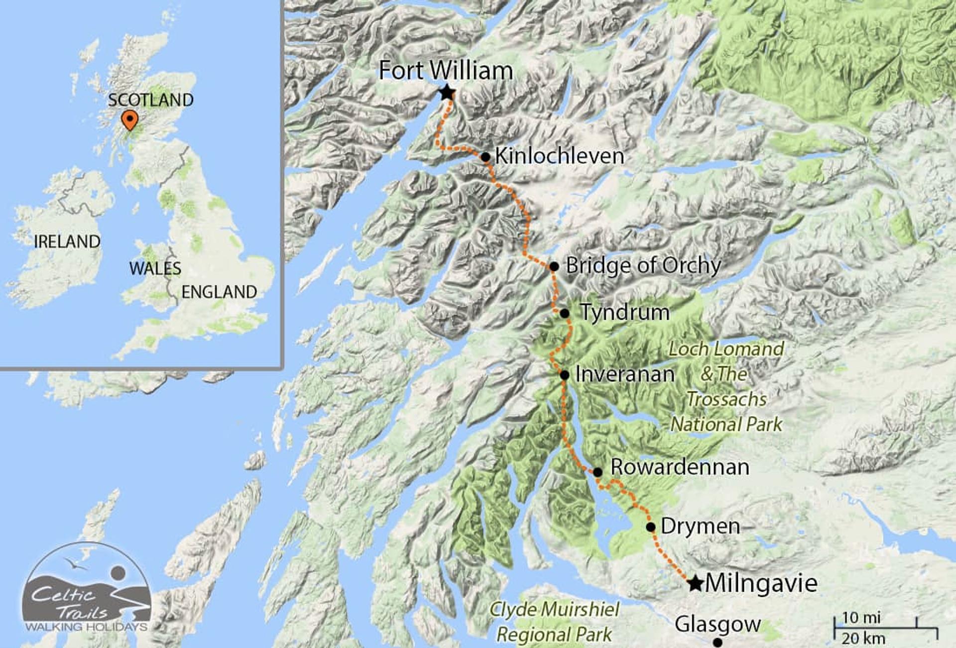Walking holiday map of the the West Highland Way