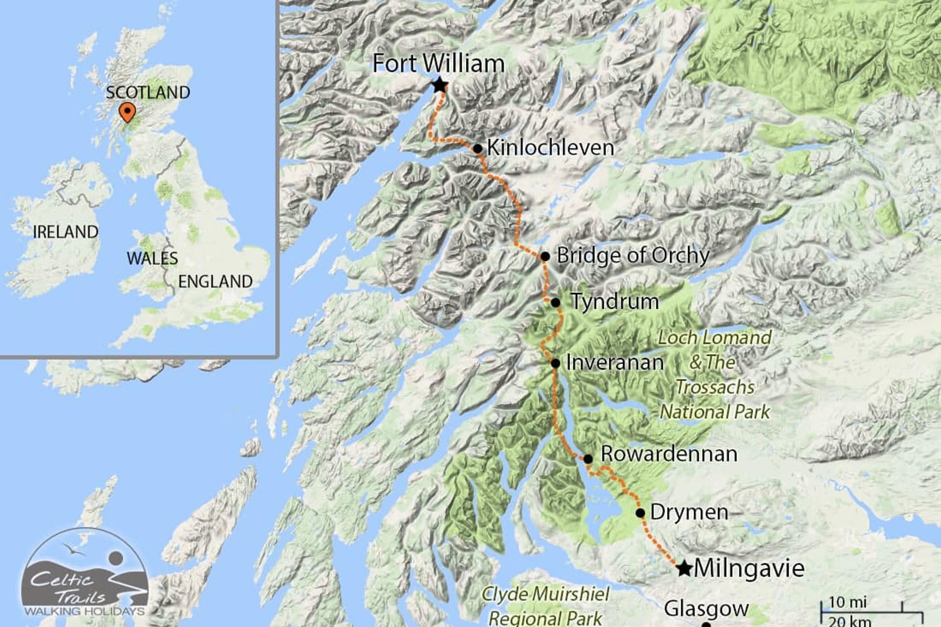Walking holiday map of the the West Highland Way
