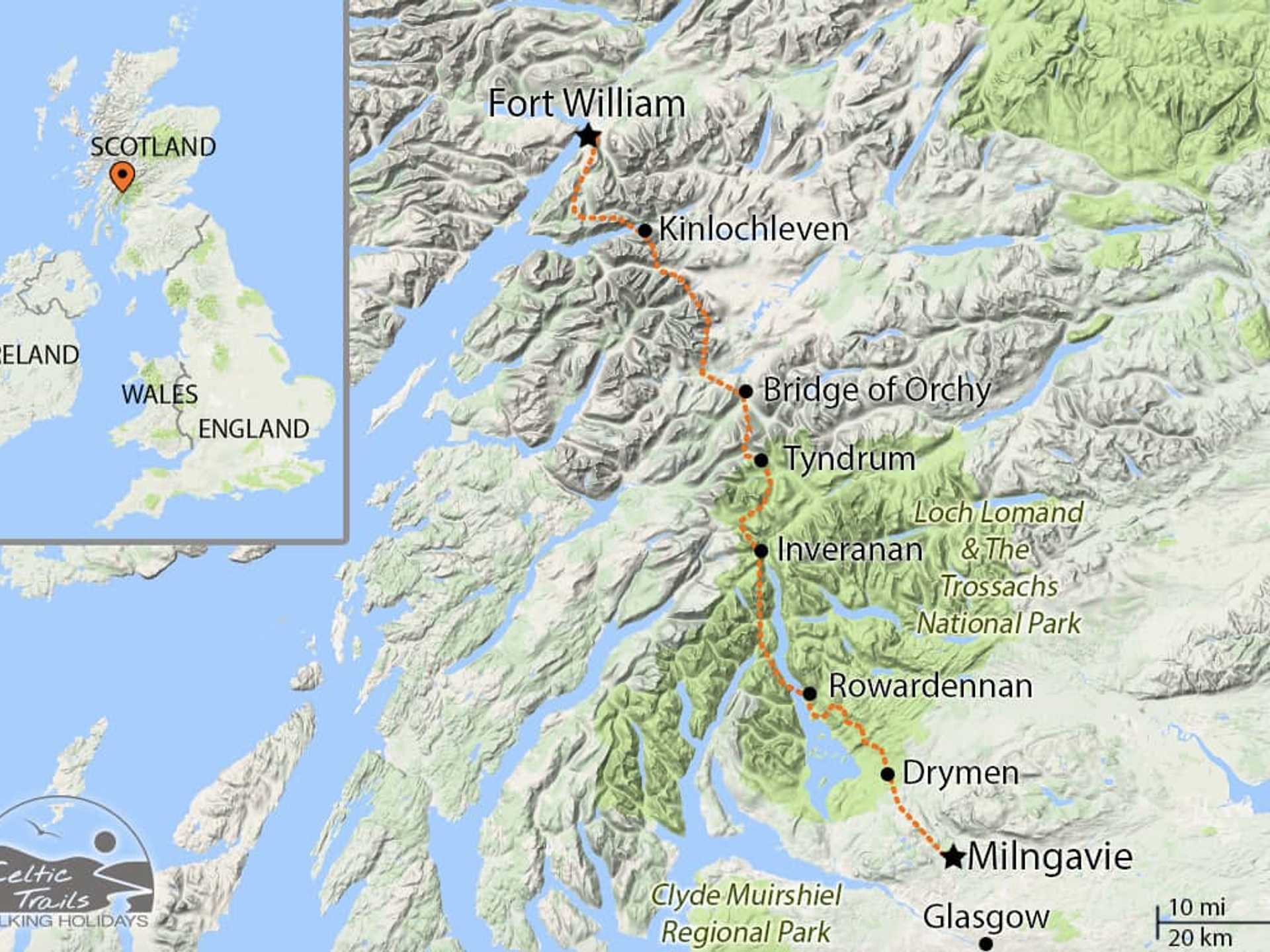 Walking holiday map of the the West Highland Way