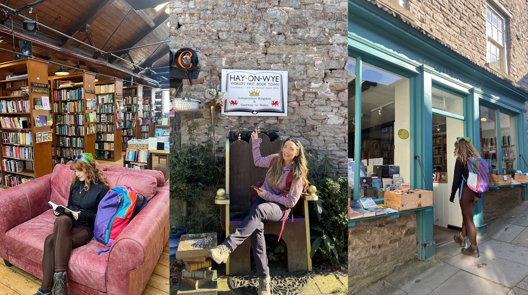 Three photos together showing, A person sitting on a leather couch in a bookstore, reading a book, a person sits on a throne in front of a sign that reads Hay-on-Wye World's First Book Town and a girl entering a book shop.