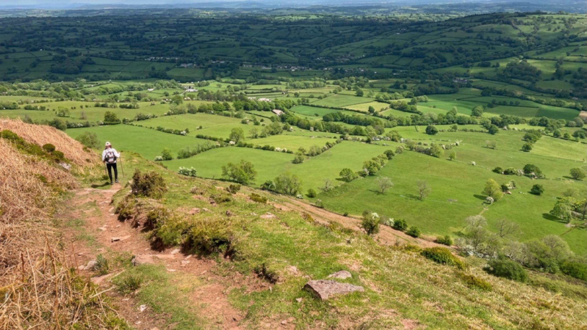 Walker descending from Hatterrall Ridge towards the patchwork fields near Hay-on-Wye.