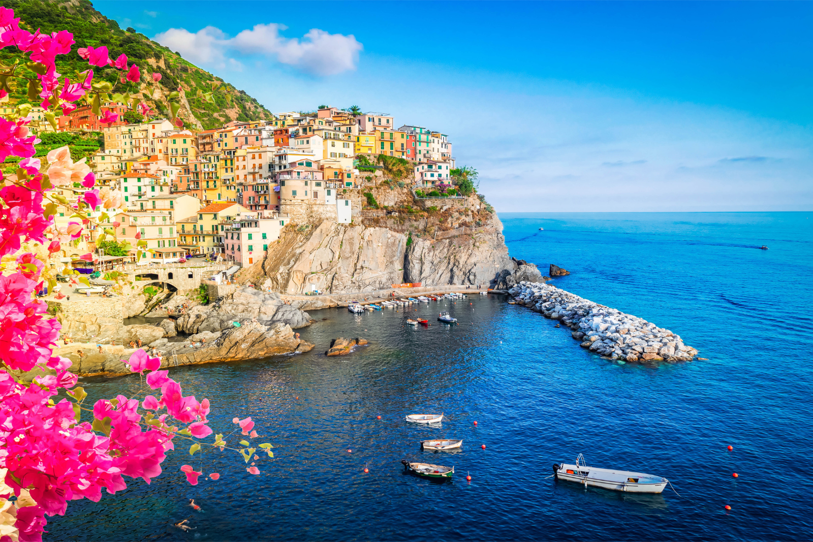Portofino harbour seen from above, surrounded by wooded hillsides.