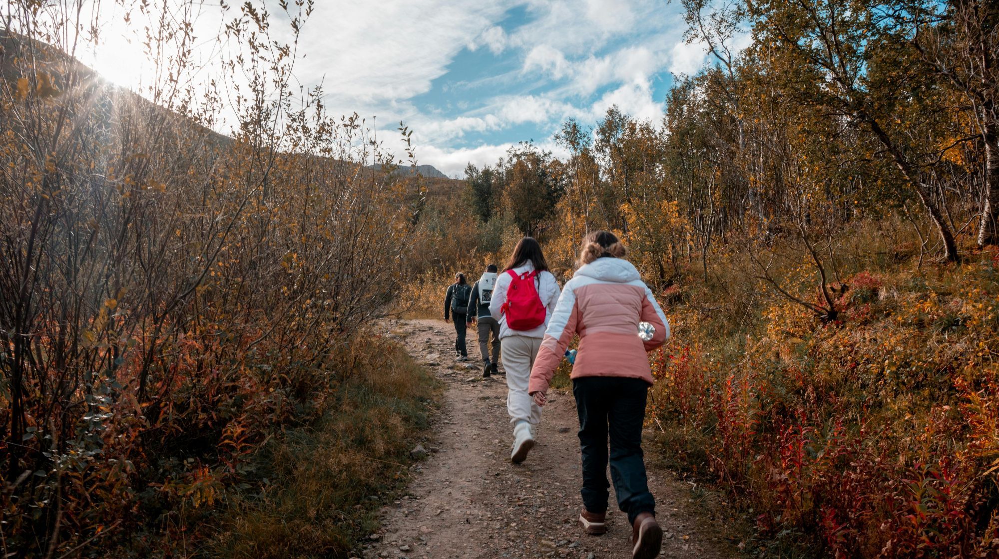 A group of hikers walk along a dirt path through a forest with autumn foliage. The sun shines through the trees on the left side of the image.