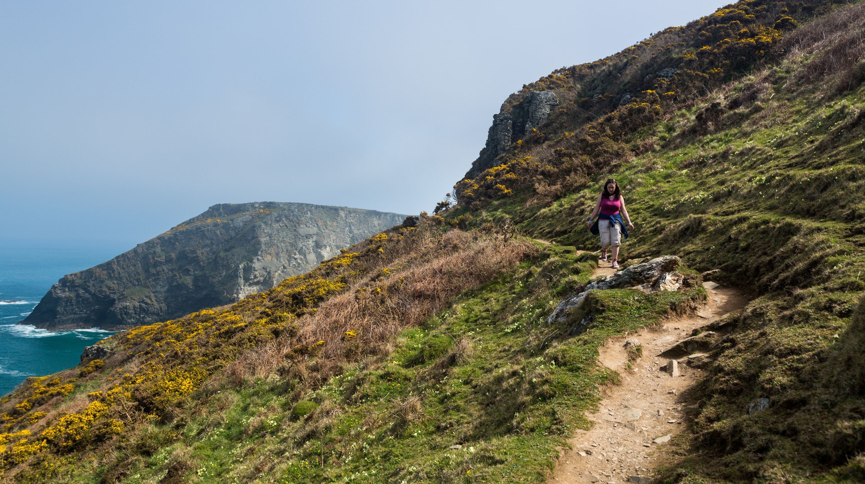 A person walks on a winding dirt path along a grassy, rocky cliff overlooking the ocean. Yellow flowers dot the landscape.