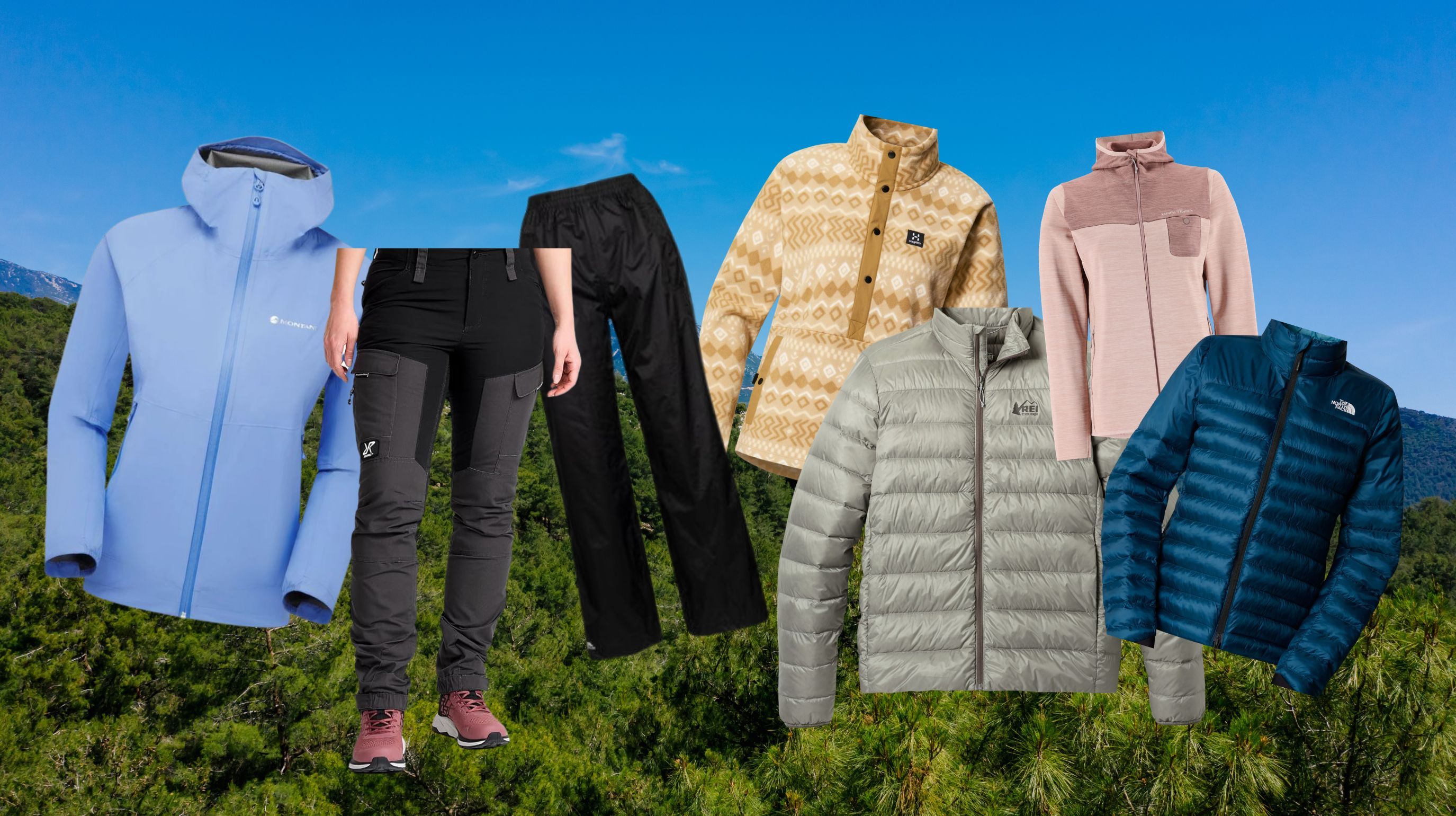 Clothing examples on the photograph, including jackets, waterproof trousers, and fleeces