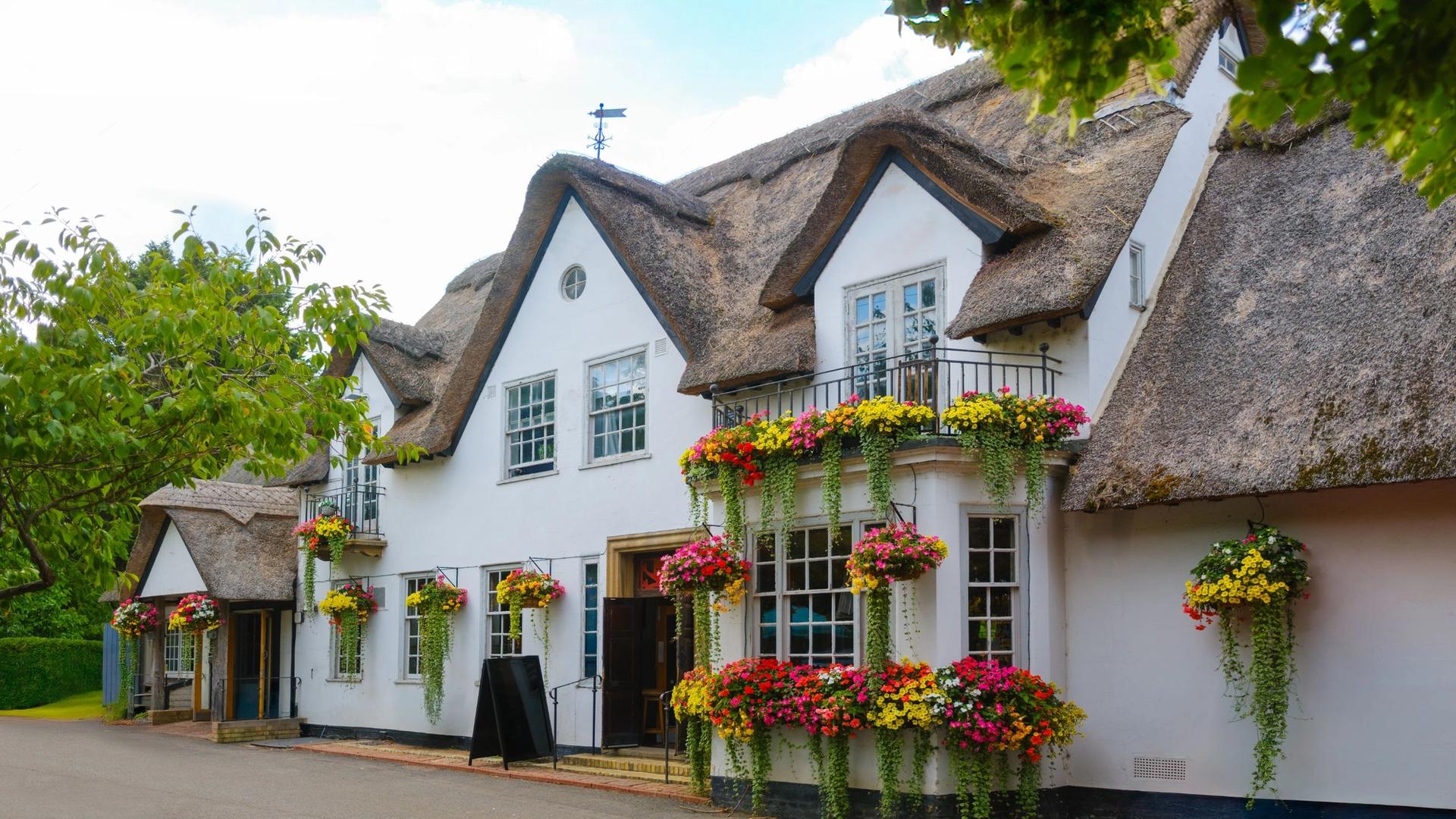 A white building with a thatched roof, adorned with numerous hanging baskets overflowing with colorful flowers.