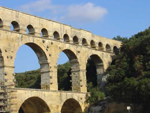 Roman arches of the Pont du Gard aqueduct in Provence