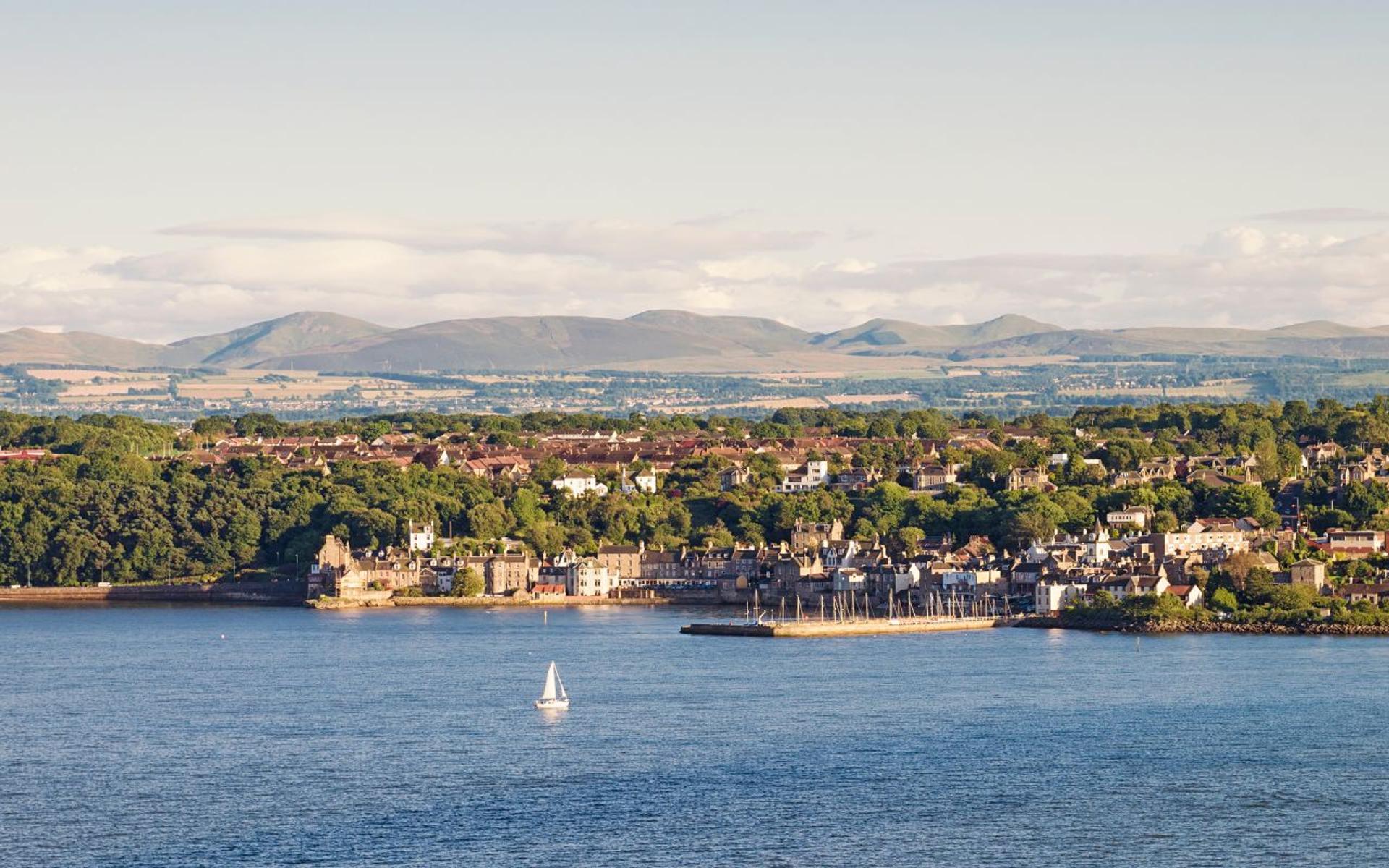 View across the Firth of Clyde towards Helensburgh and the hills beyond.