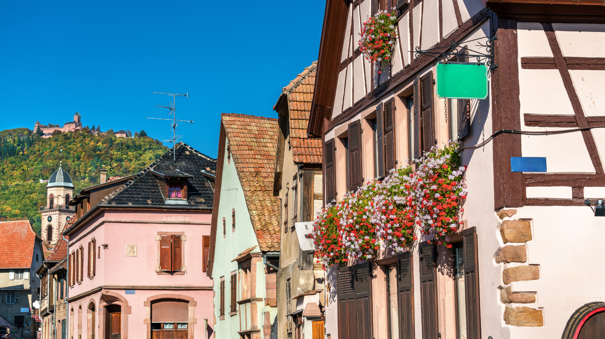 Half-timbered houses along a street in Saint-Hippolyte