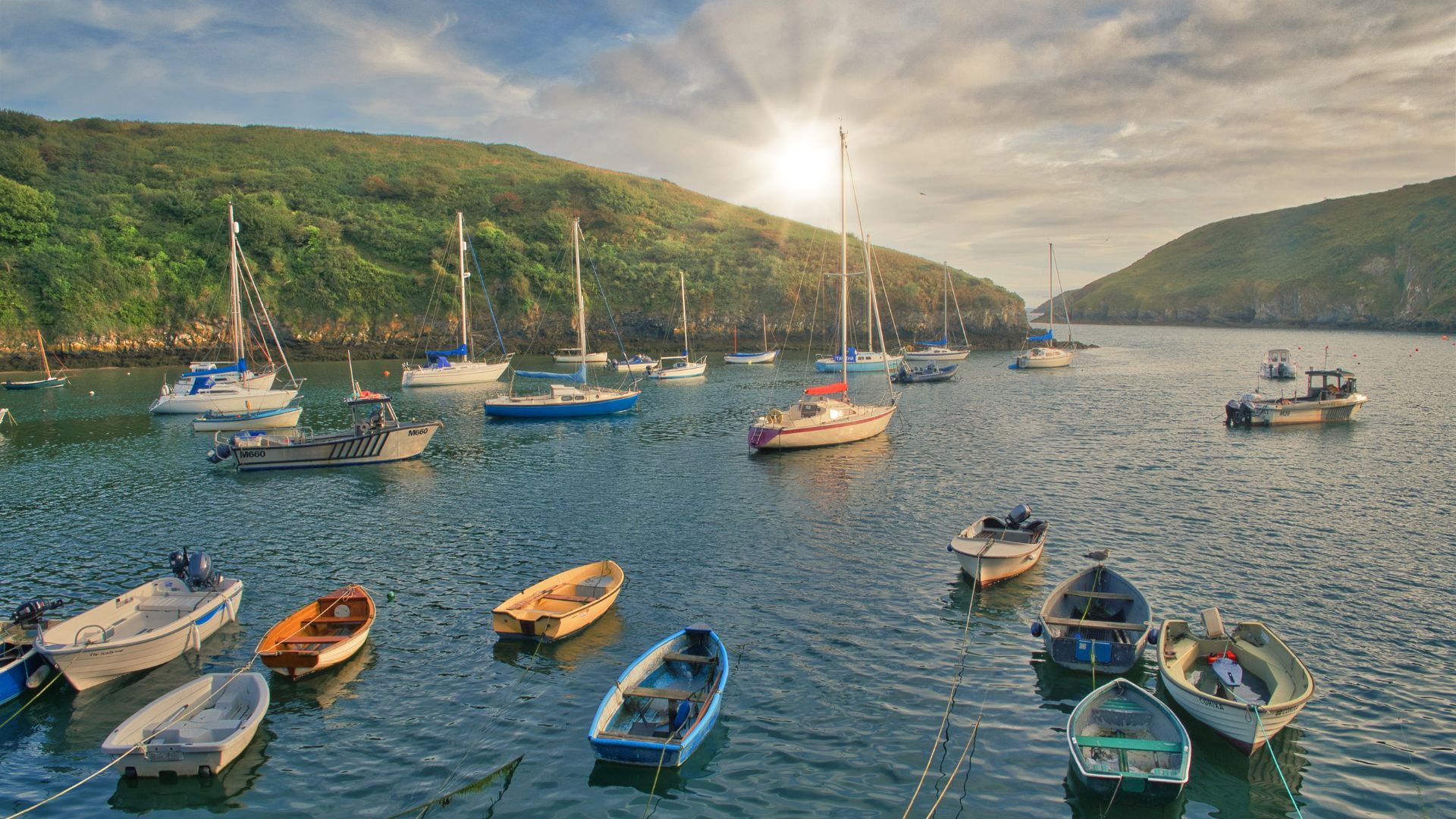 Small boats moored in the sheltered harbour at Solva, Pembrokeshire.
