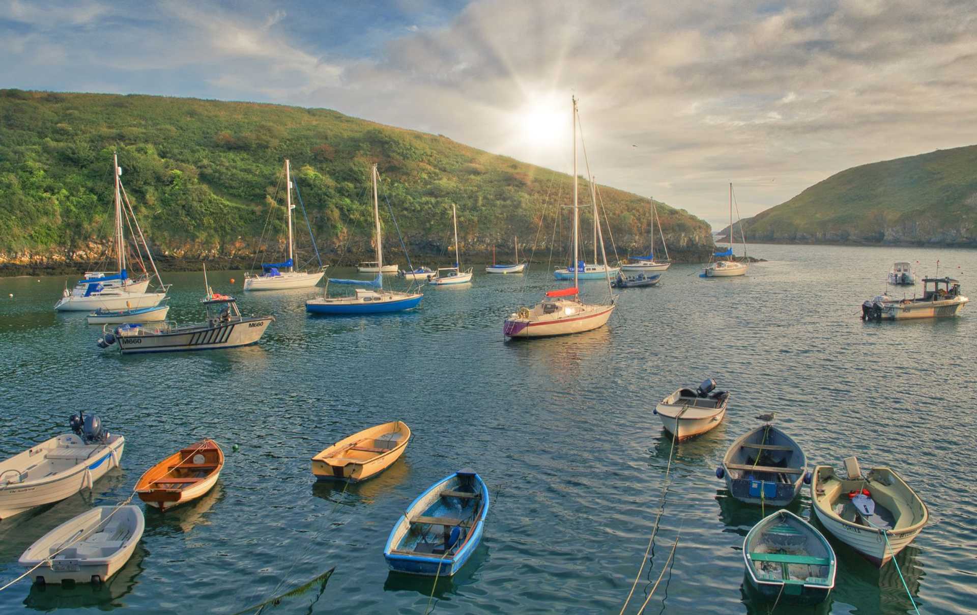 Small boats moored in the sheltered harbour at Solva, Pembrokeshire.