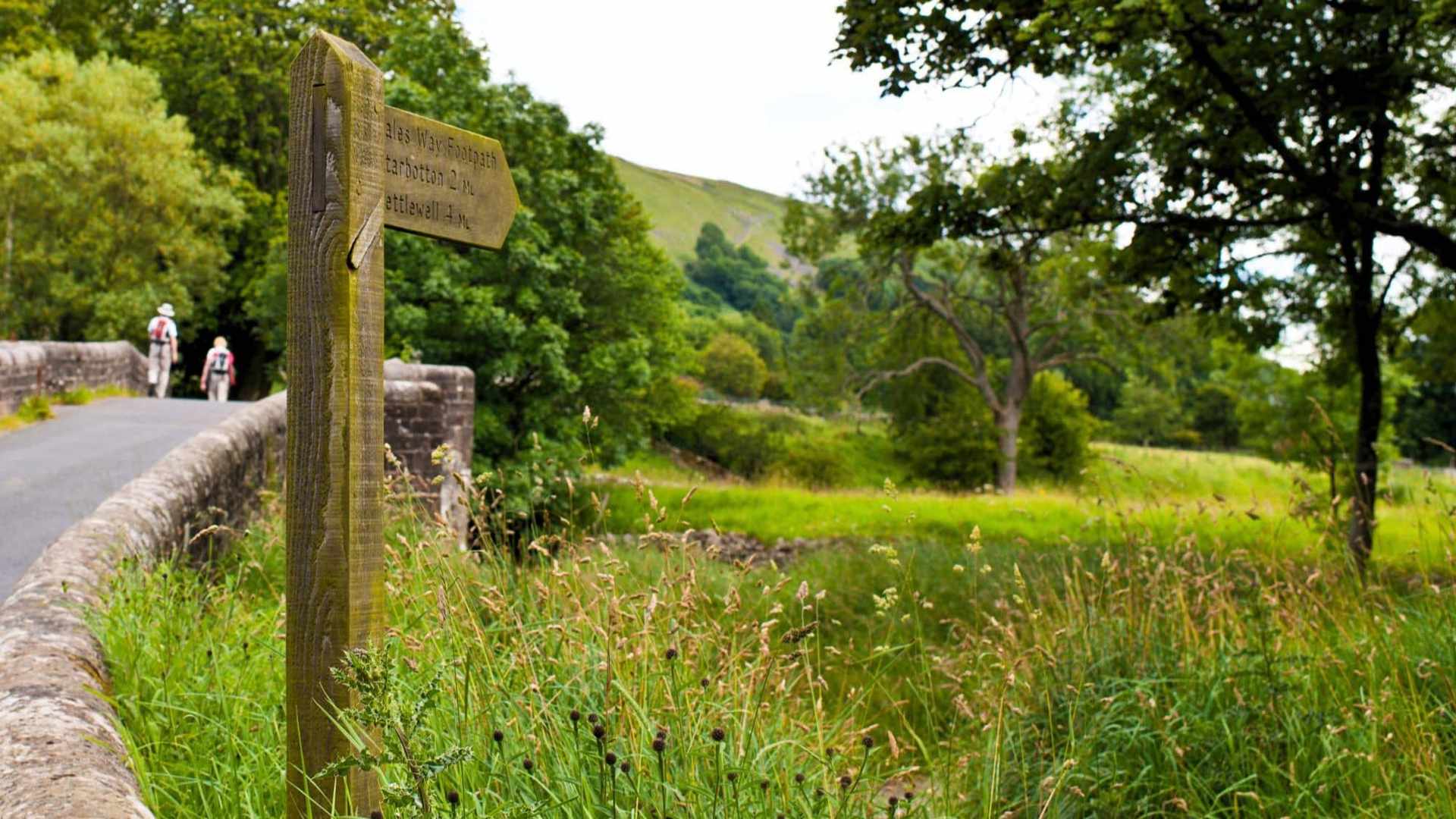 Sign and walkers on Dales Way Trail