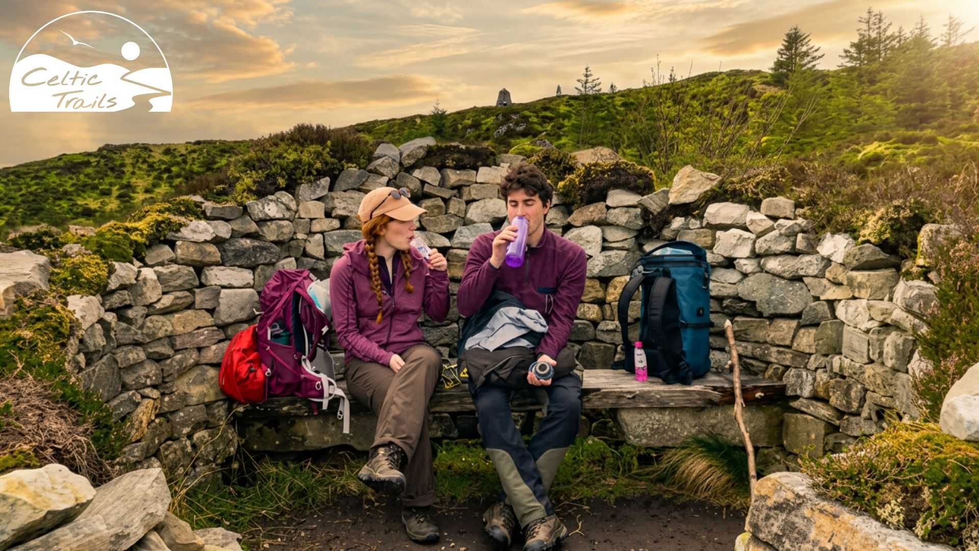 Two walkers taking a food and water break beside a dry-stone wall on a walking trail