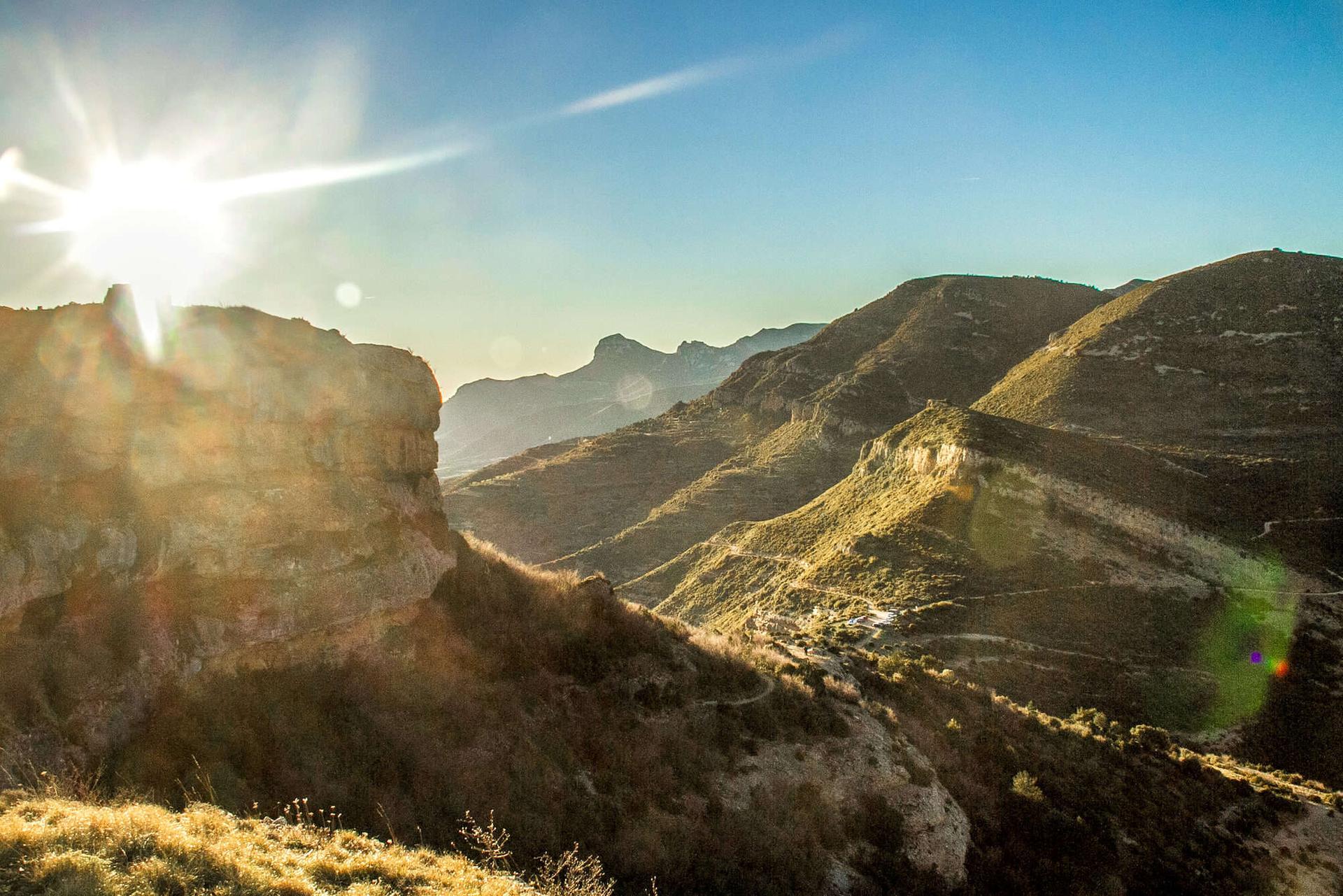 Sunlit canyon landscape in the Sierra de Guara, Aragon, near the foothills of the Pyrenees