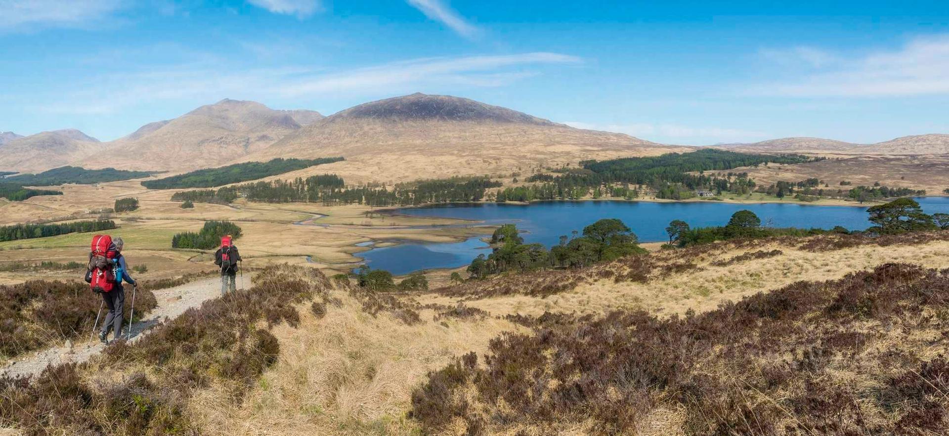 Walkers on the West Highland Way between Bridge of Orchy and Glencoe with Loch Tulla seen beyond