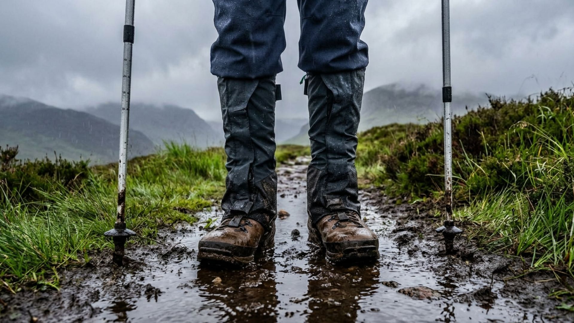 Muddy boots and gaiters on a rainy walk