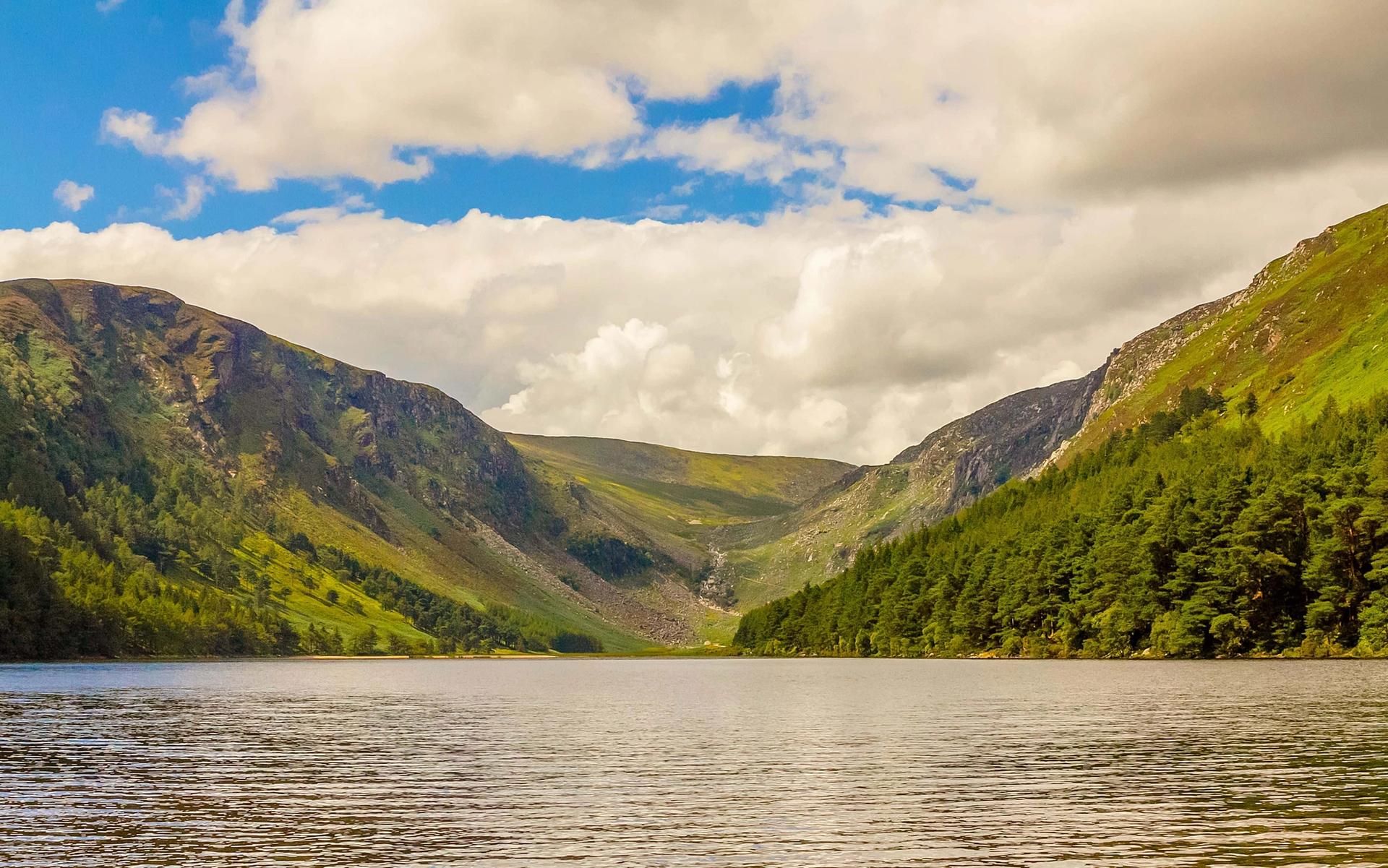 Wicklow valley with river, gorse bushes and distant ruins at Glendalough