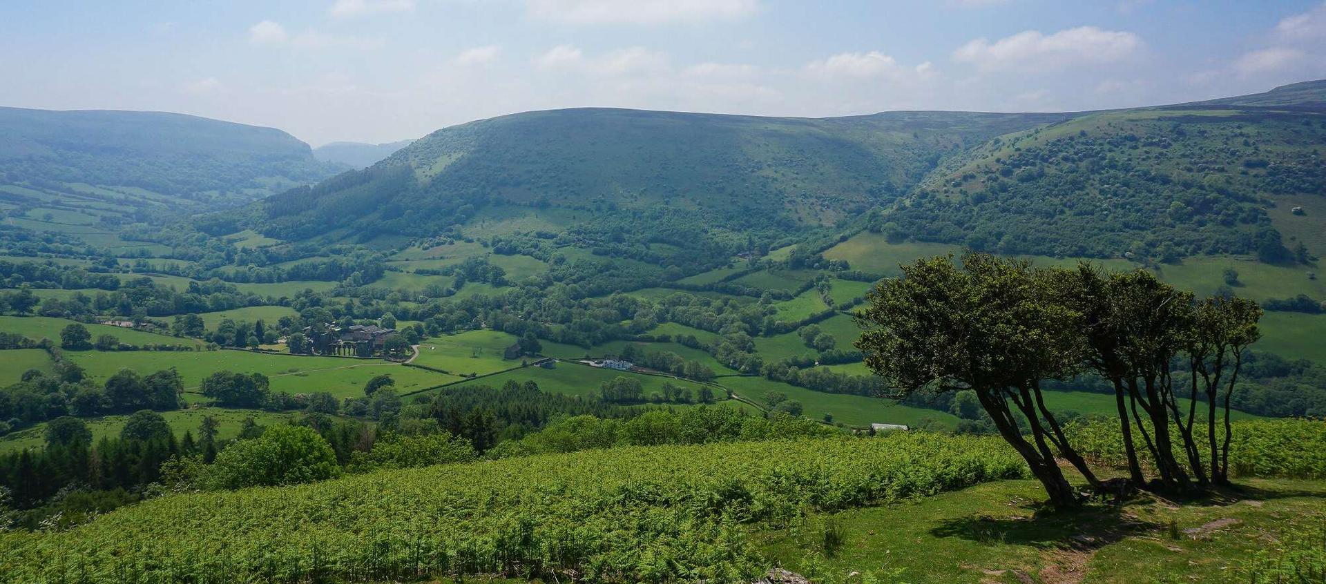 Panoramic view across the Black Mountains on the Offa’s Dyke Path walking holiday