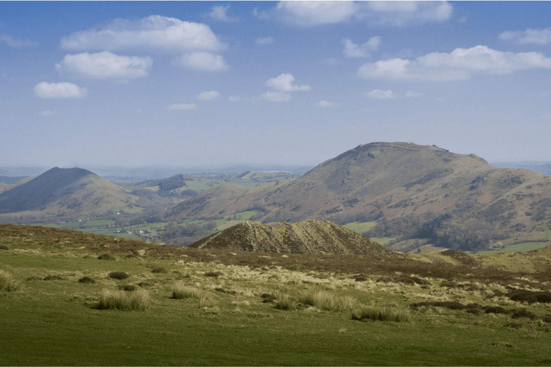 Shropshire Hills singles walking holidays, View from Long mynd, Caer Caradoc in the distance