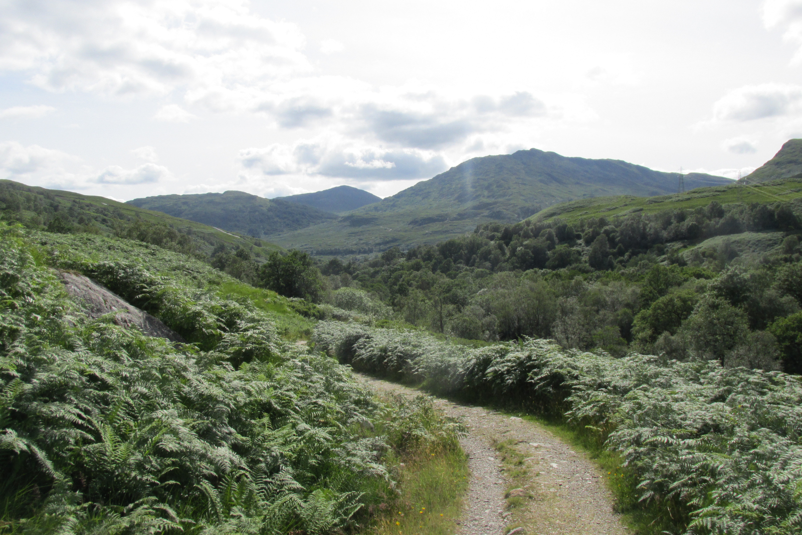 Broad stony track winding through Highland hills on the West Highland Way.