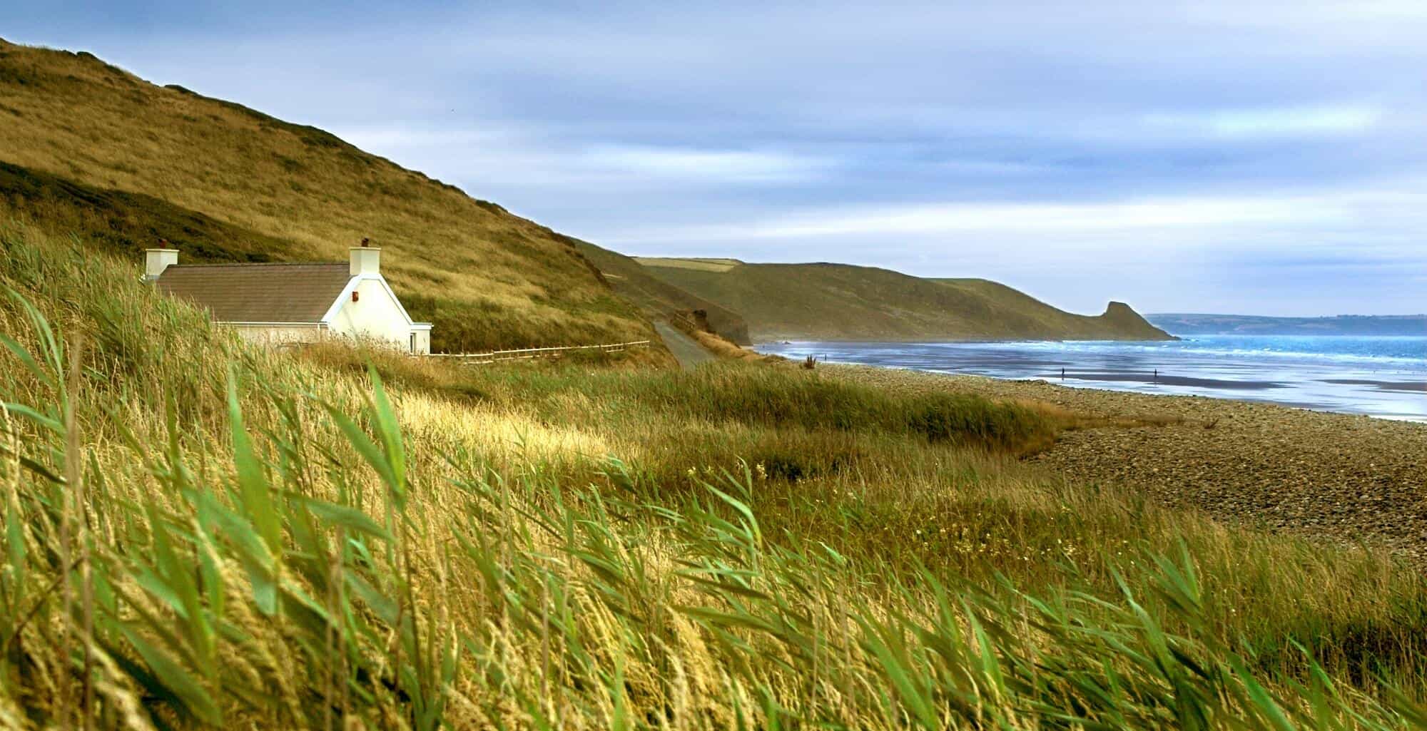 Pembrokeshire coast path view, beach-side house and beach
