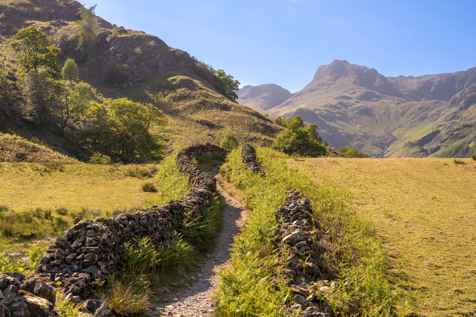 Dry-stone walled path leading through Great Langdale towards the Langdale Pikes.