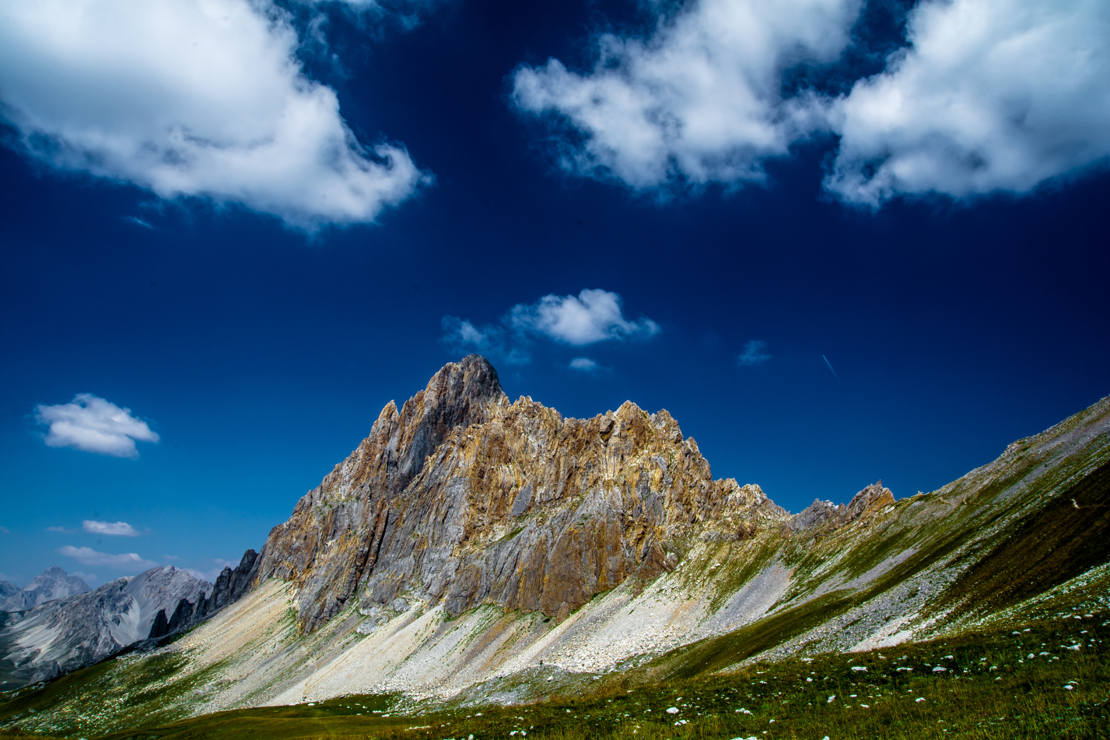Rocca la Meja in the Maira Valley (Valle Maira) within the Cottian Alps in Piedmont, Italy.
