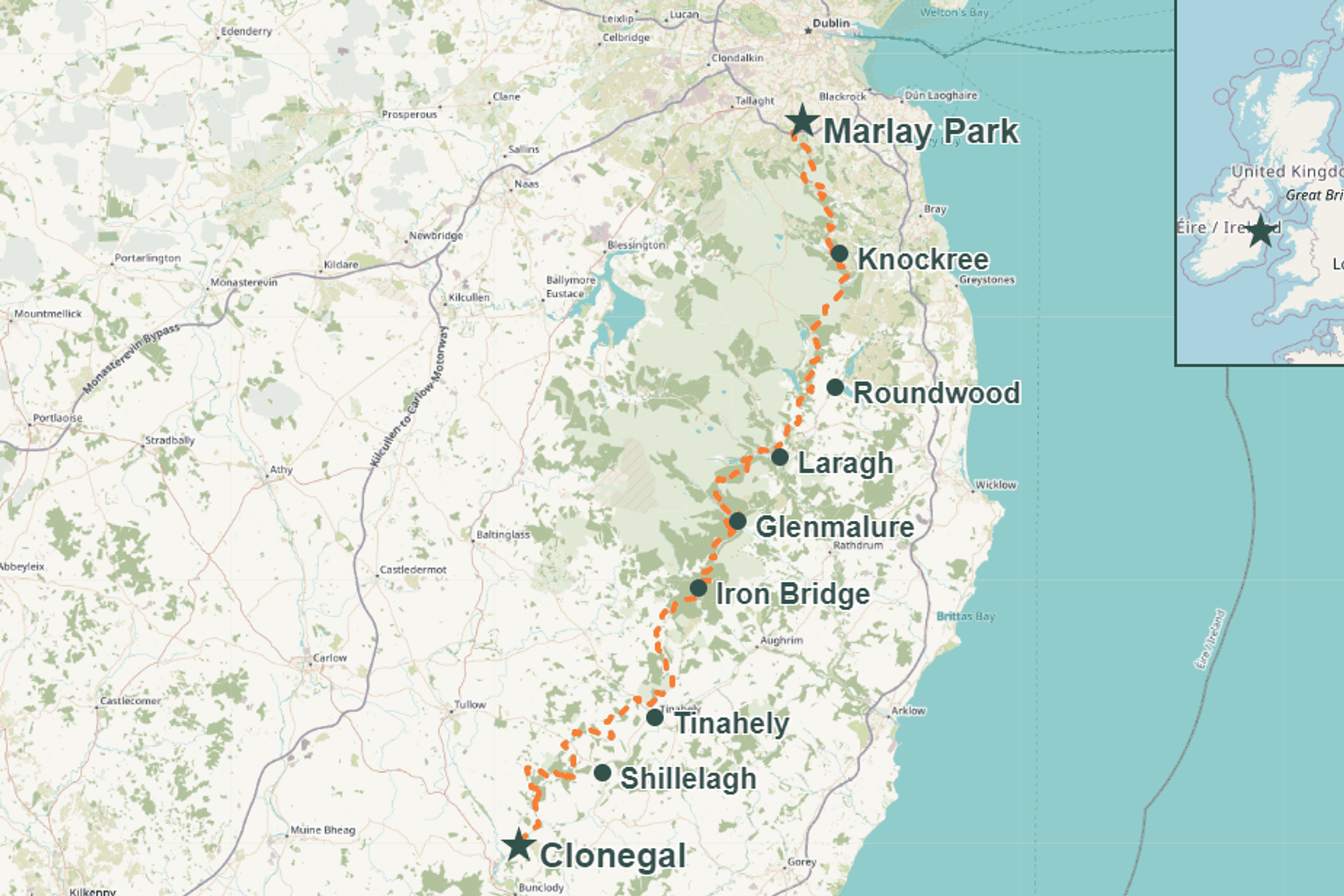 Map showing the full route of the Wicklow Way from Marlay Park in Dublin to Clonegal, passing through key locations such as Glendalough, Glenmalure, and Tinahely.