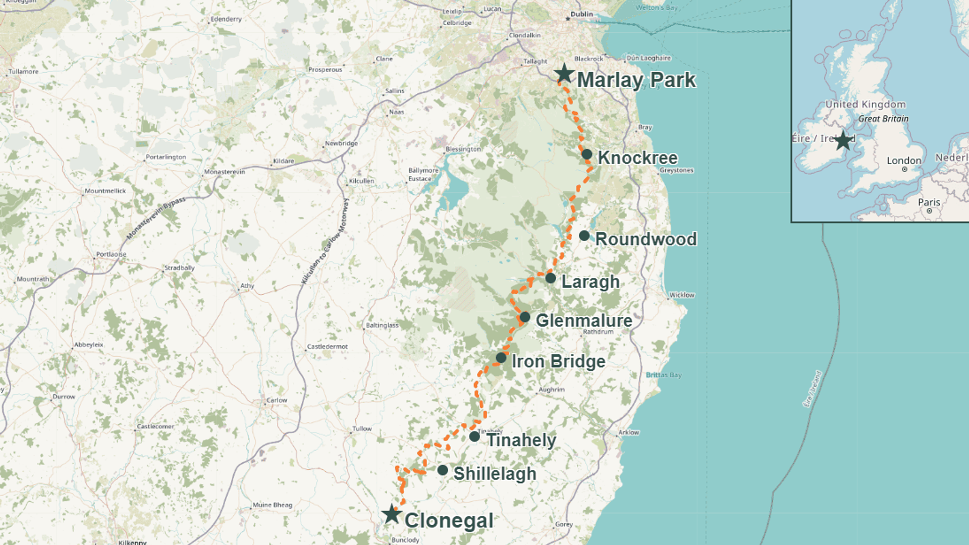 Map showing the full route of the Wicklow Way from Marlay Park in Dublin to Clonegal, passing through key locations such as Glendalough, Glenmalure, and Tinahely.