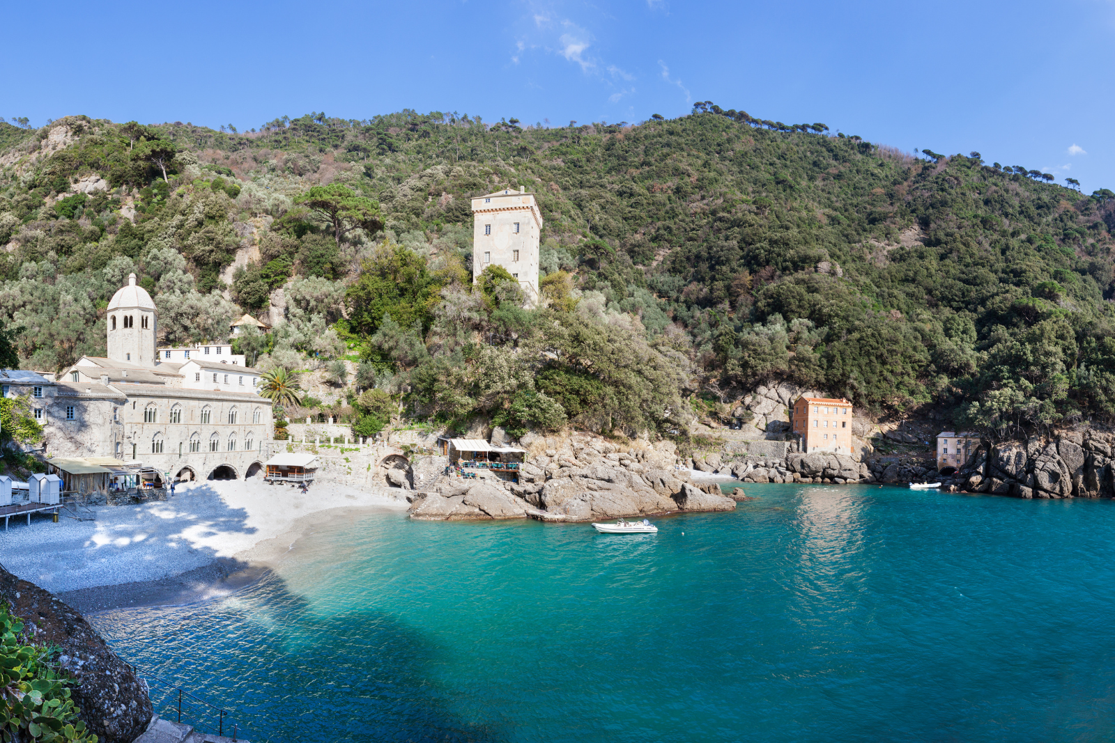 San Fruttuoso Abbey beside a sheltered cove on the Portofino peninsula.