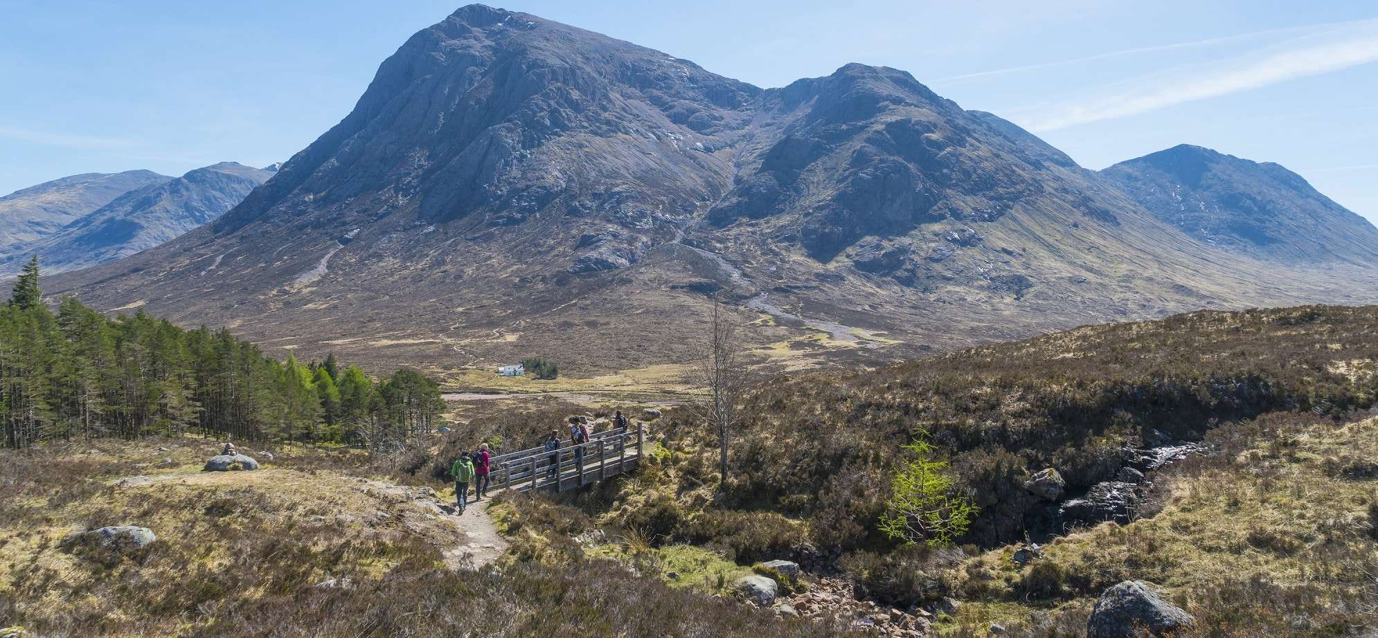 Hillwalkers on the West Highland Way passing Buachaille Etive Mor in Glencoe