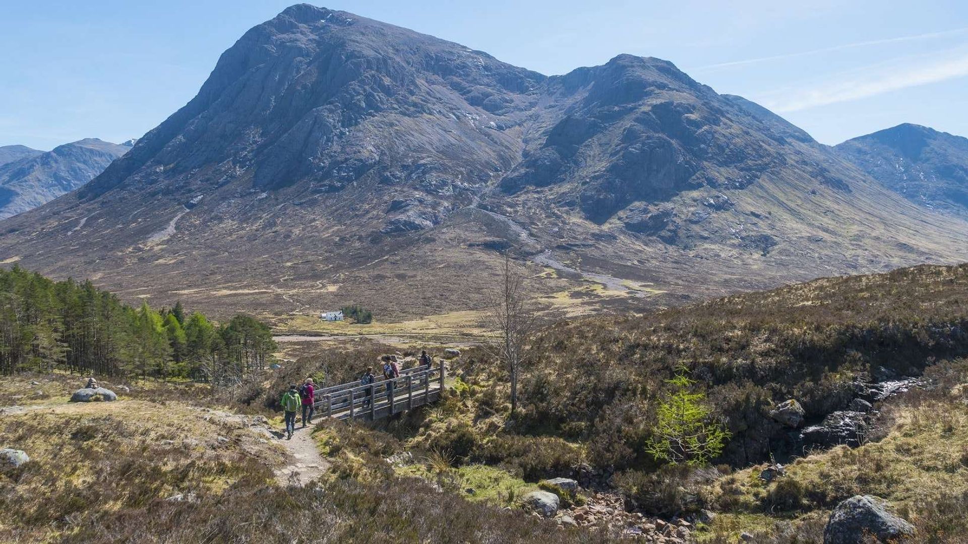 Hillwalkers on the West Highland Way passing Buachaille Etive Mor in Glencoe