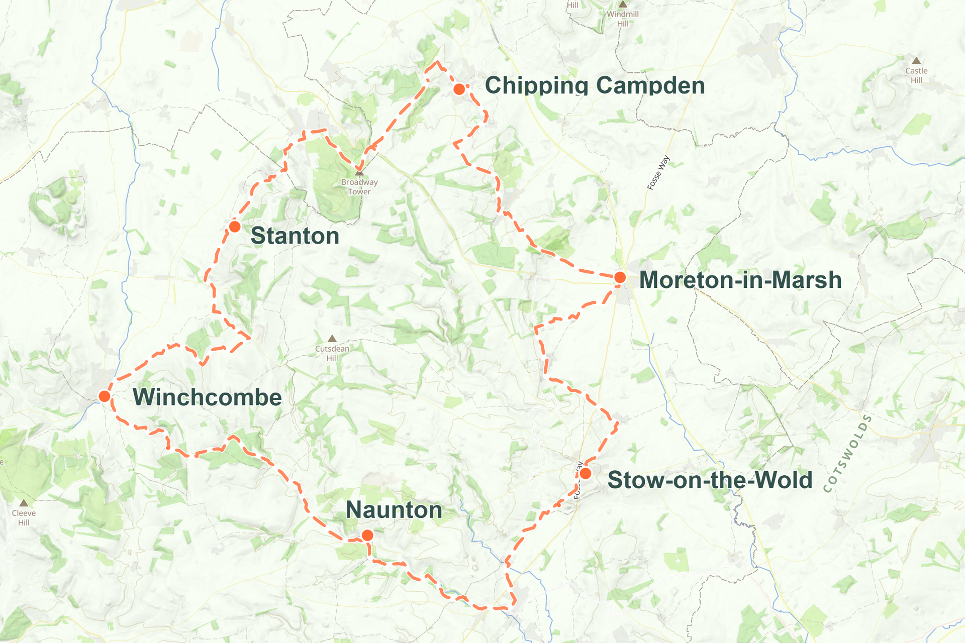Map of our Cotswold Round Walking Holiday route