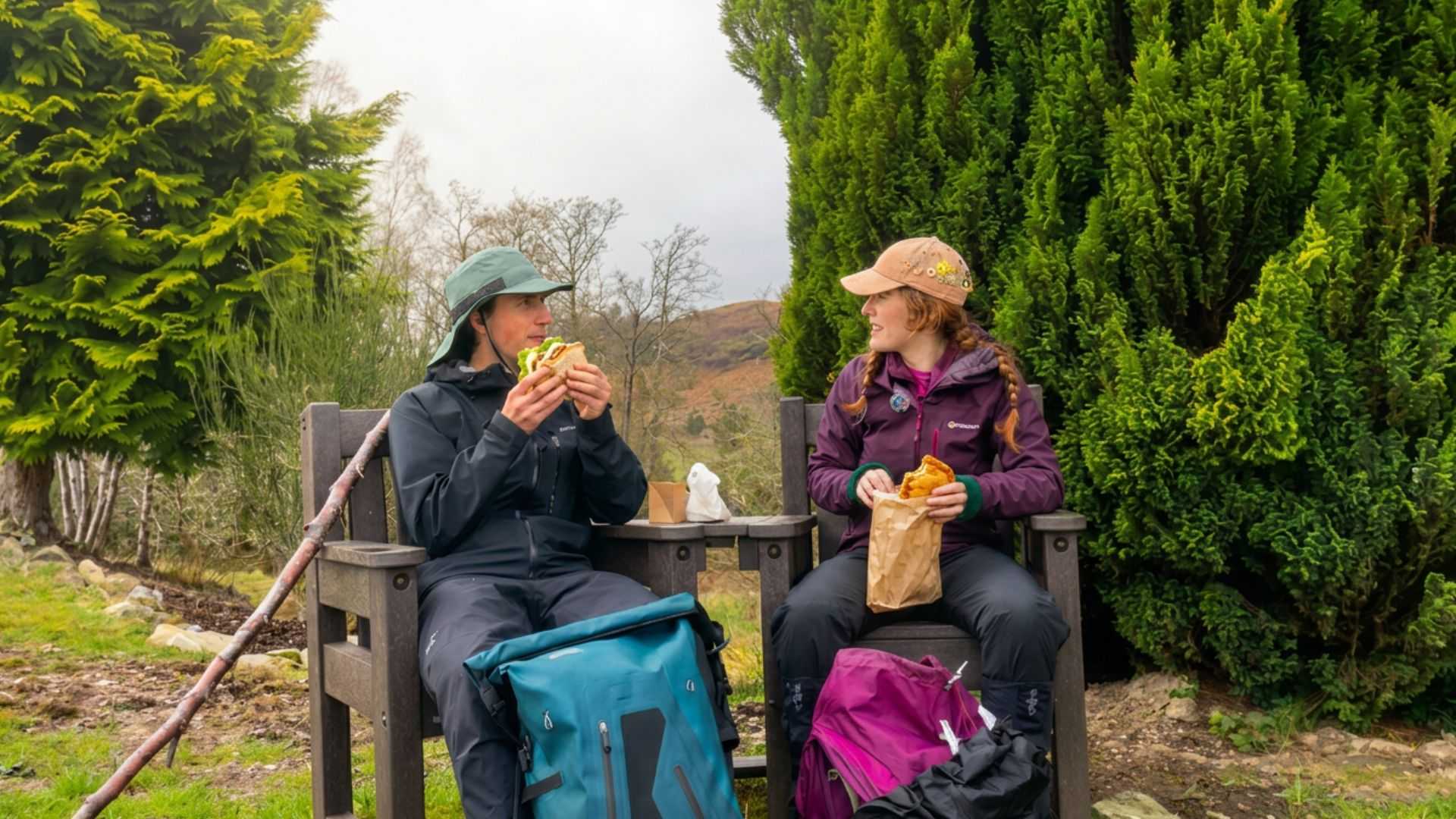 Two walkers eating a packed lunch on a bench during a self-guided walking holiday