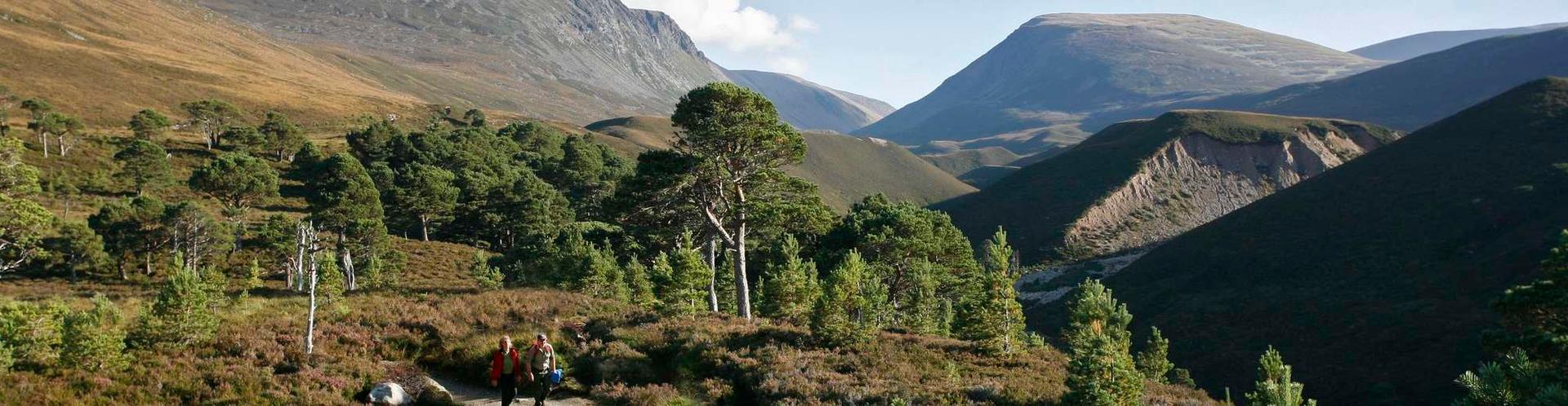 A couple of walkers on a track from the Lairig Ghru mountain pass (visible beyond) in the Cairngorms National Park, Highlands of Scotland