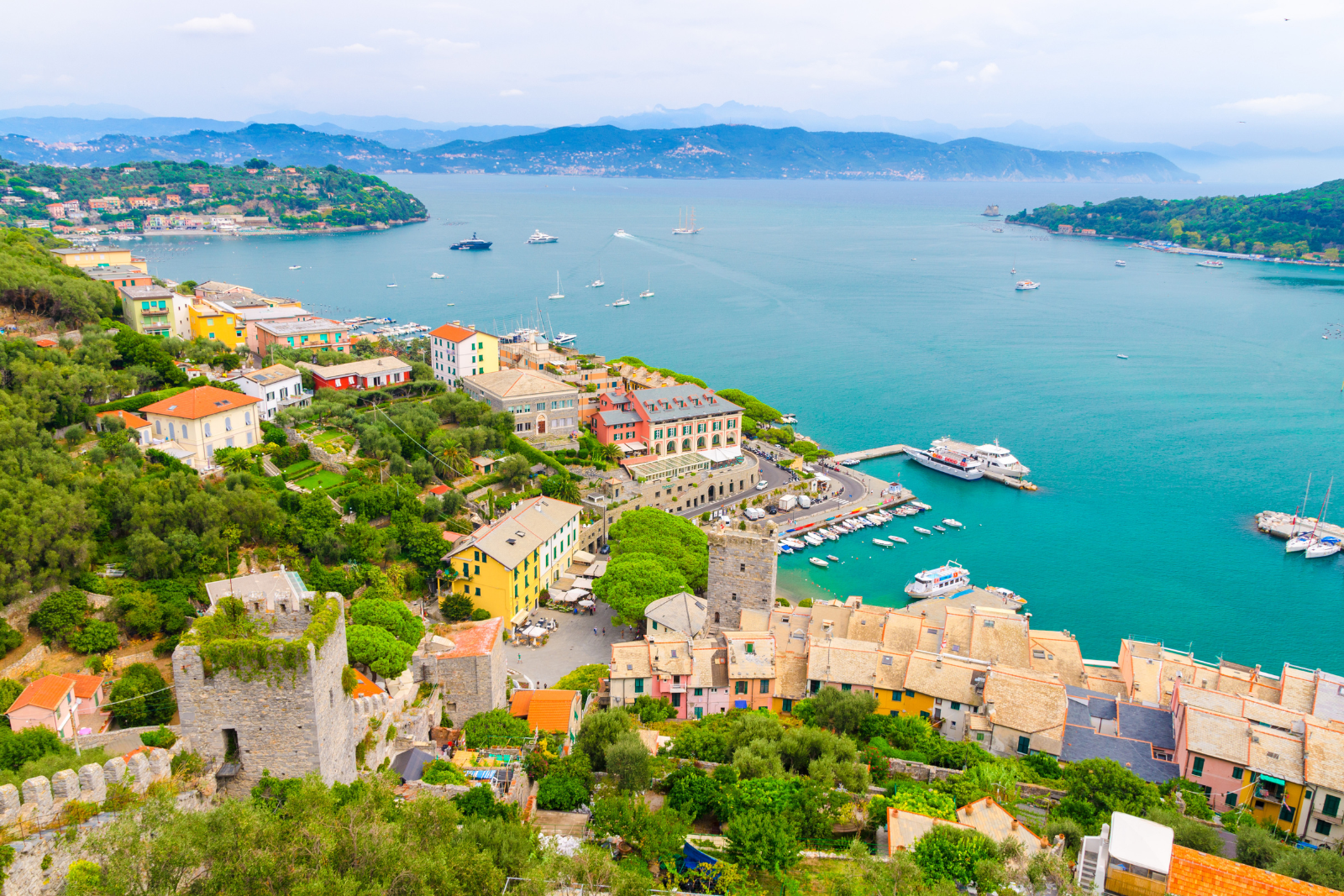Elevated view across Portovenere, its harbour and the Gulf of Poets.