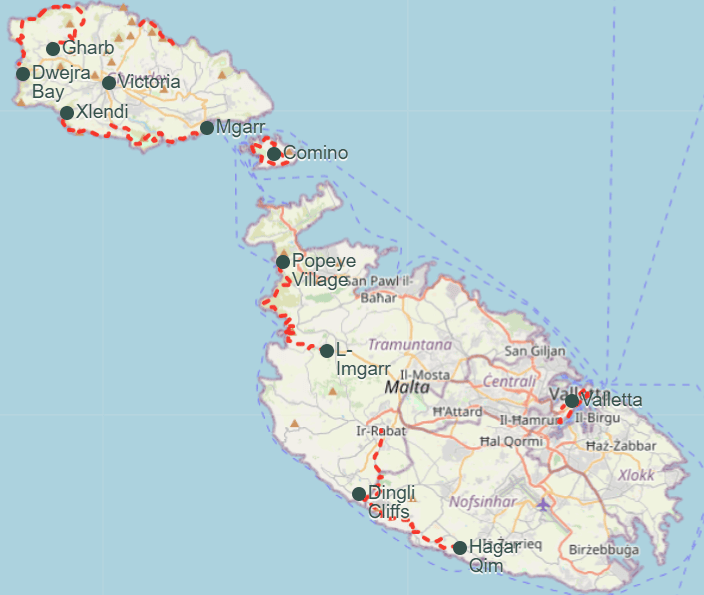 Map of Malta, Gozo and Comino showing a self-guided walking holiday route with key stops including Hagar Qim, Dingli Cliffs, L-Imgarr, Popeye Village, Mgarr, Victoria, Gharb, Dwerja Bay and Valletta.