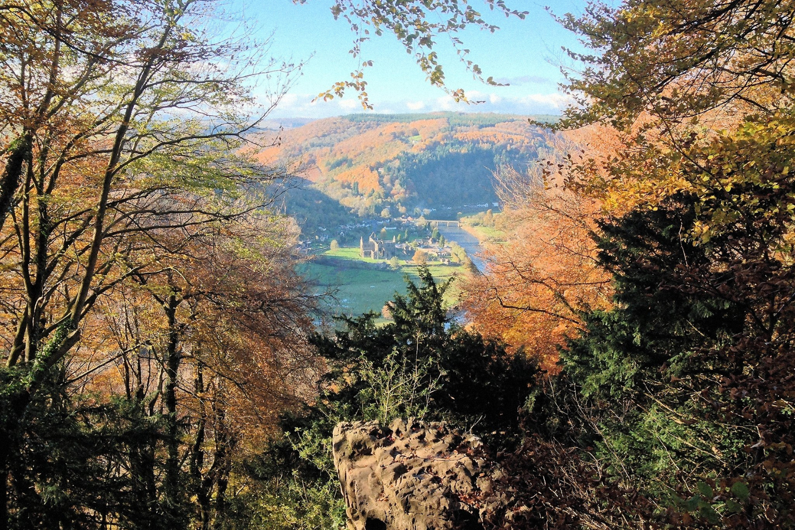 Autumn view from Devil’s Pulpit overlooking Tintern Abbey and the River Wye