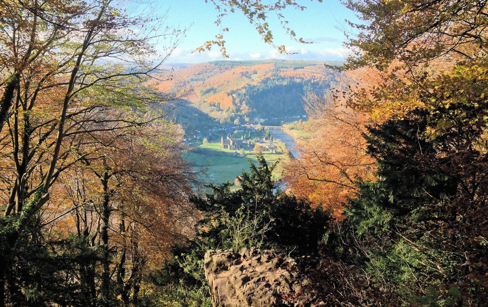 Autumn view from Devil’s Pulpit overlooking Tintern Abbey and the River Wye