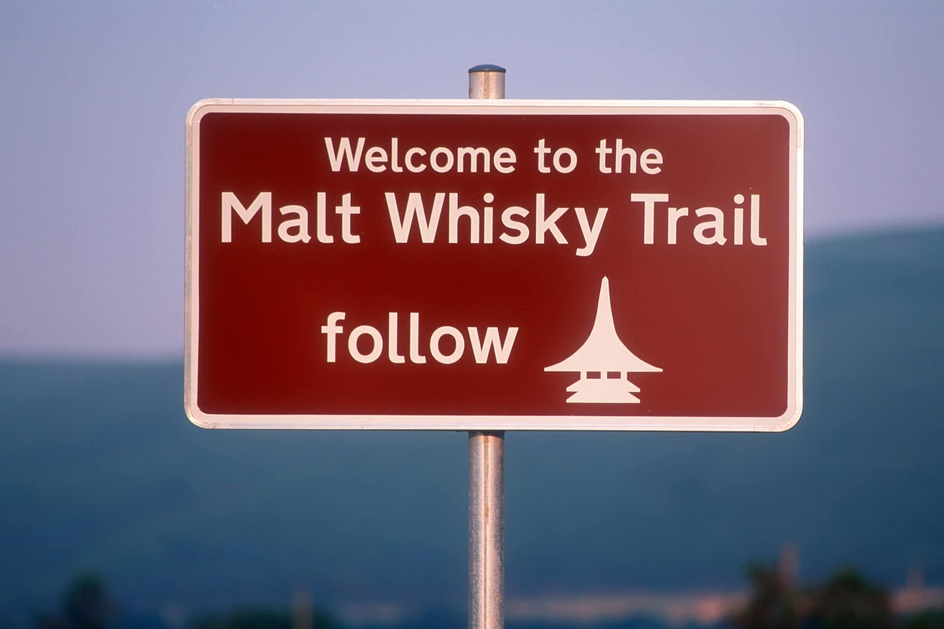 The road side welcoming visitors to the malt whiskey trail