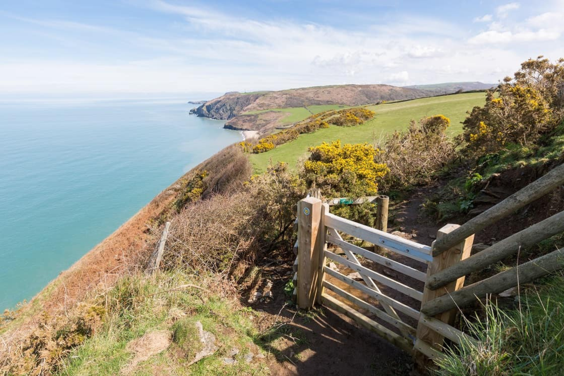 Walker on the Ceredigion Coast Path above a rocky bay