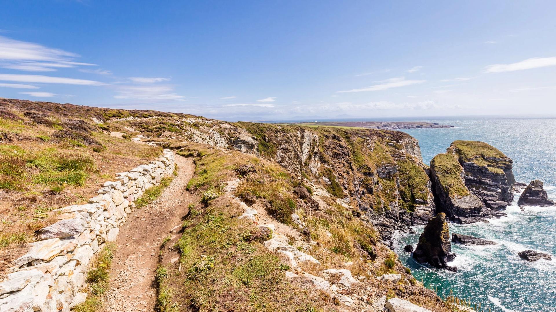 A coastal path winds along a grassy cliff overlooking the ocean with rocky outcrops. The sky is blue with scattered clouds.