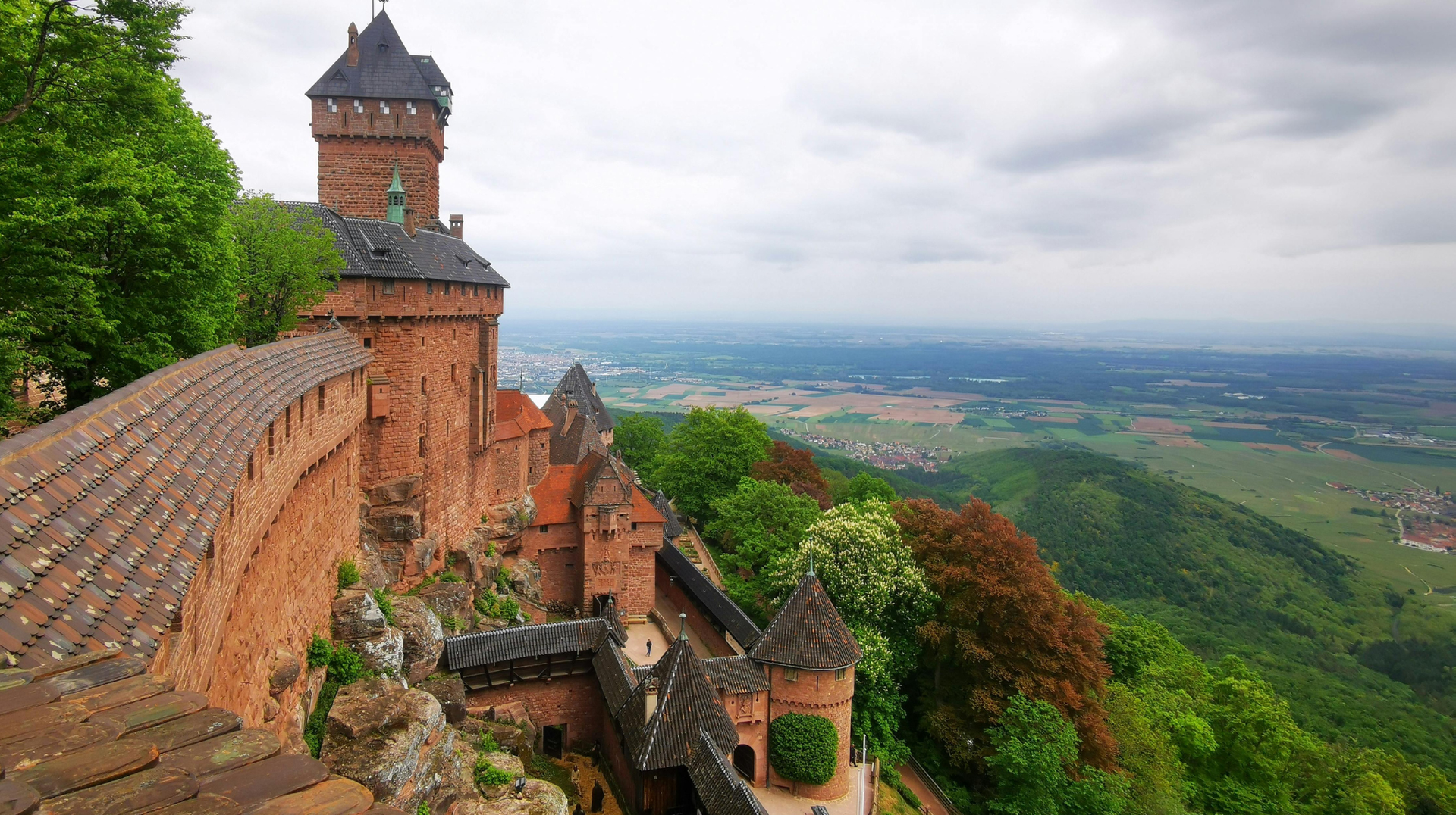 Castle walls and towers at Château du Haut-Koenigsbourg with views across Alsace