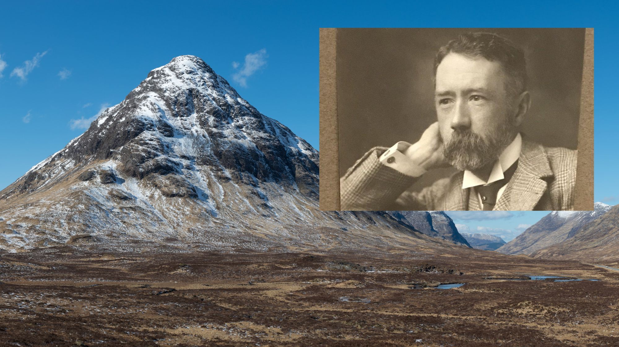 A snow-dusted mountain peak dominates the left side of the frame under a bright blue sky, with a picture of Sir Hugo Munro in the top right hand corner.