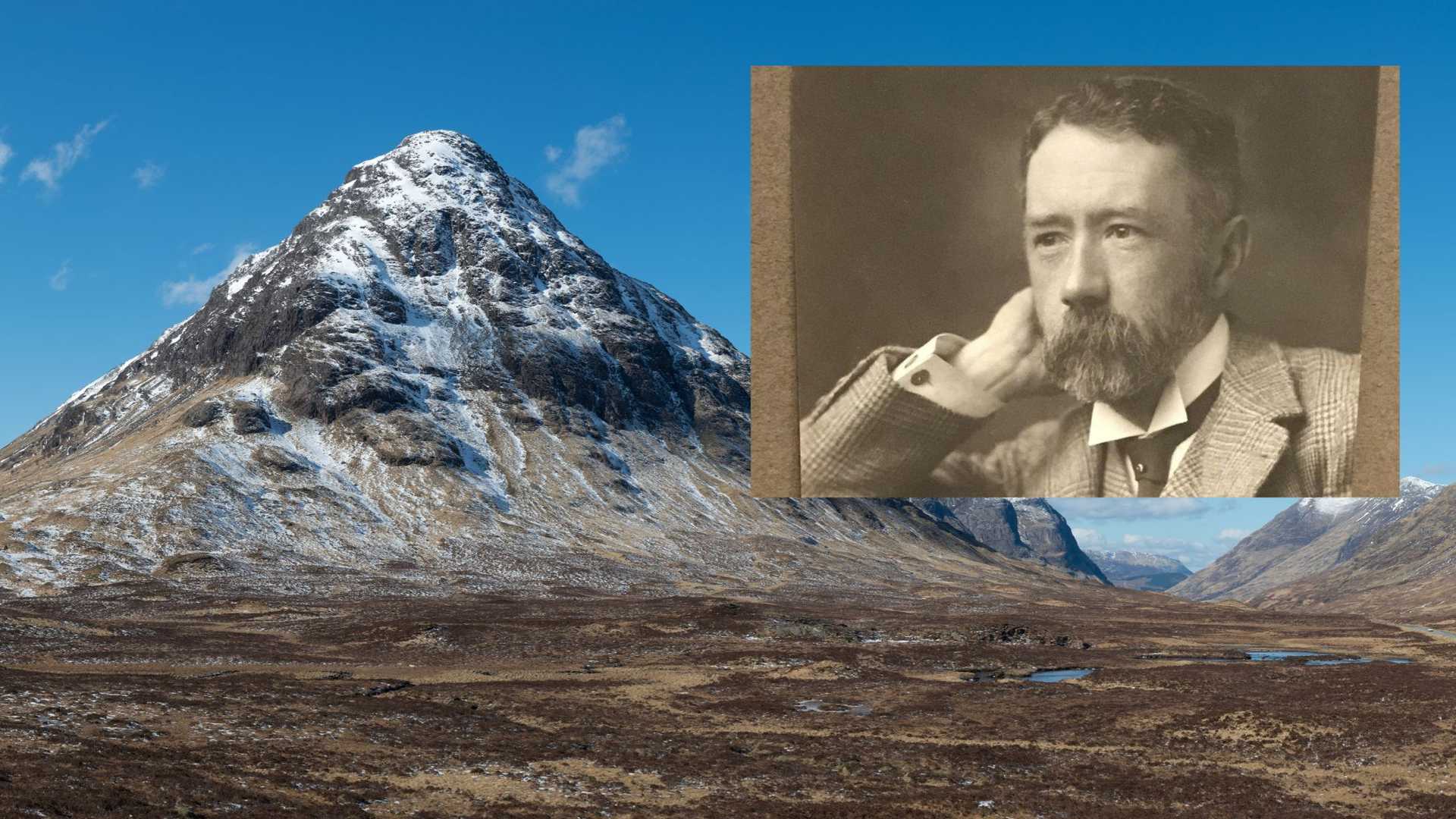 A snow-dusted mountain peak dominates the left side of the frame under a bright blue sky, with a picture of Sir Hugo Munro in the top right hand corner.