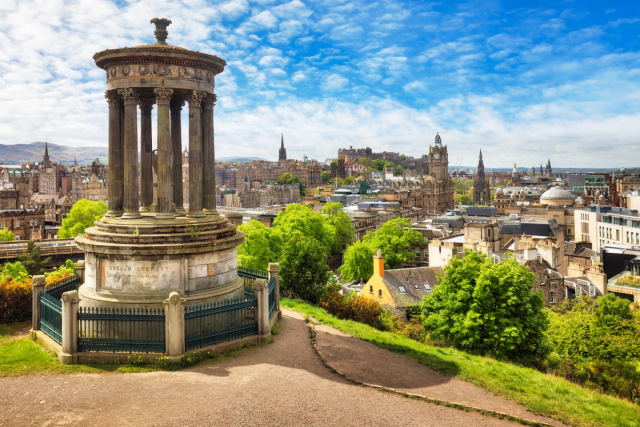 Edinburgh skyline from Calton Hill, with the Dugald Stewart Monument in the foreground.
