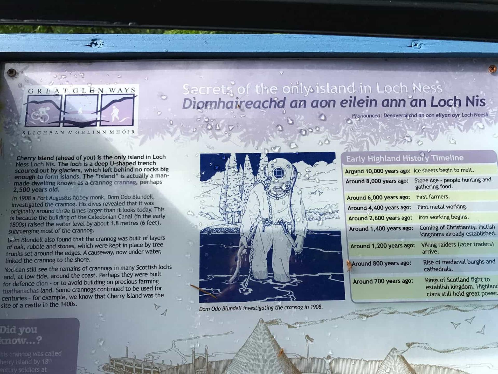Explanation of crannogs, walking The Great Glen Way