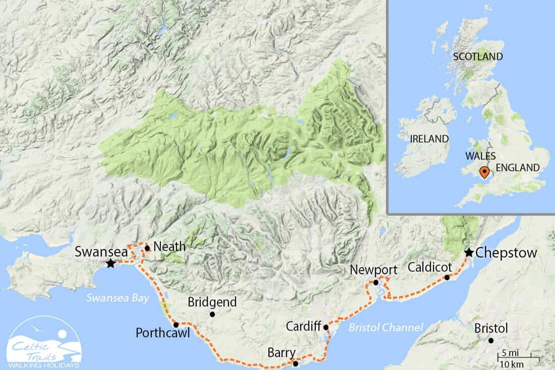Map of our South Wales Coast Path Walking Holiday route